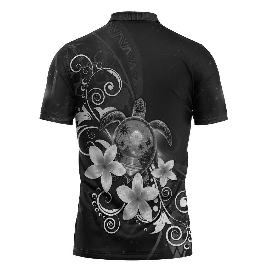 Hawaii Honu Zipper Polo Shirt Polynesian Curves Plumeria Grayscale - Polynesian Pride