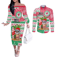 Hawaii Christmas Couples Matching Off The Shoulder Long Sleeve Dress and Long Sleeve Button Shirts Santa Claus Surf Mele Kalikimaka LT05 Red - Polynesian Pride