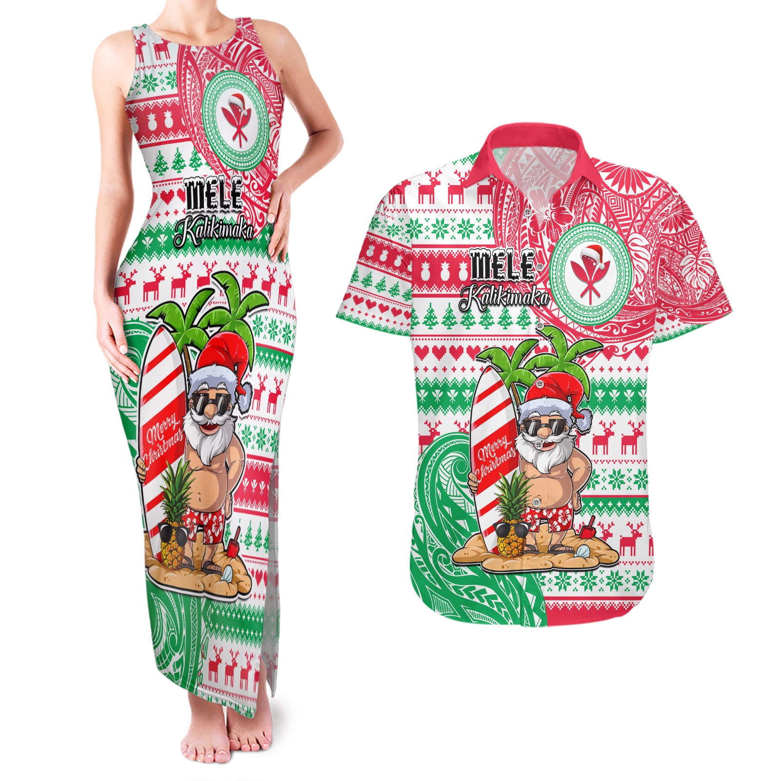 Hawaii Christmas Couples Matching Tank Maxi Dress and Hawaiian Shirt Santa Claus Surf Mele Kalikimaka LT05 Red - Polynesian Pride