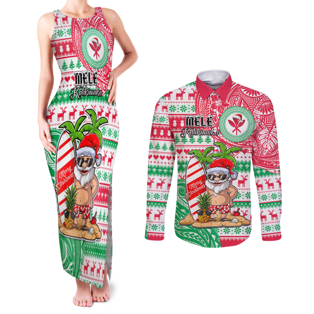 Hawaii Christmas Couples Matching Tank Maxi Dress and Long Sleeve Button Shirts Santa Claus Surf Mele Kalikimaka LT05 Red - Polynesian Pride