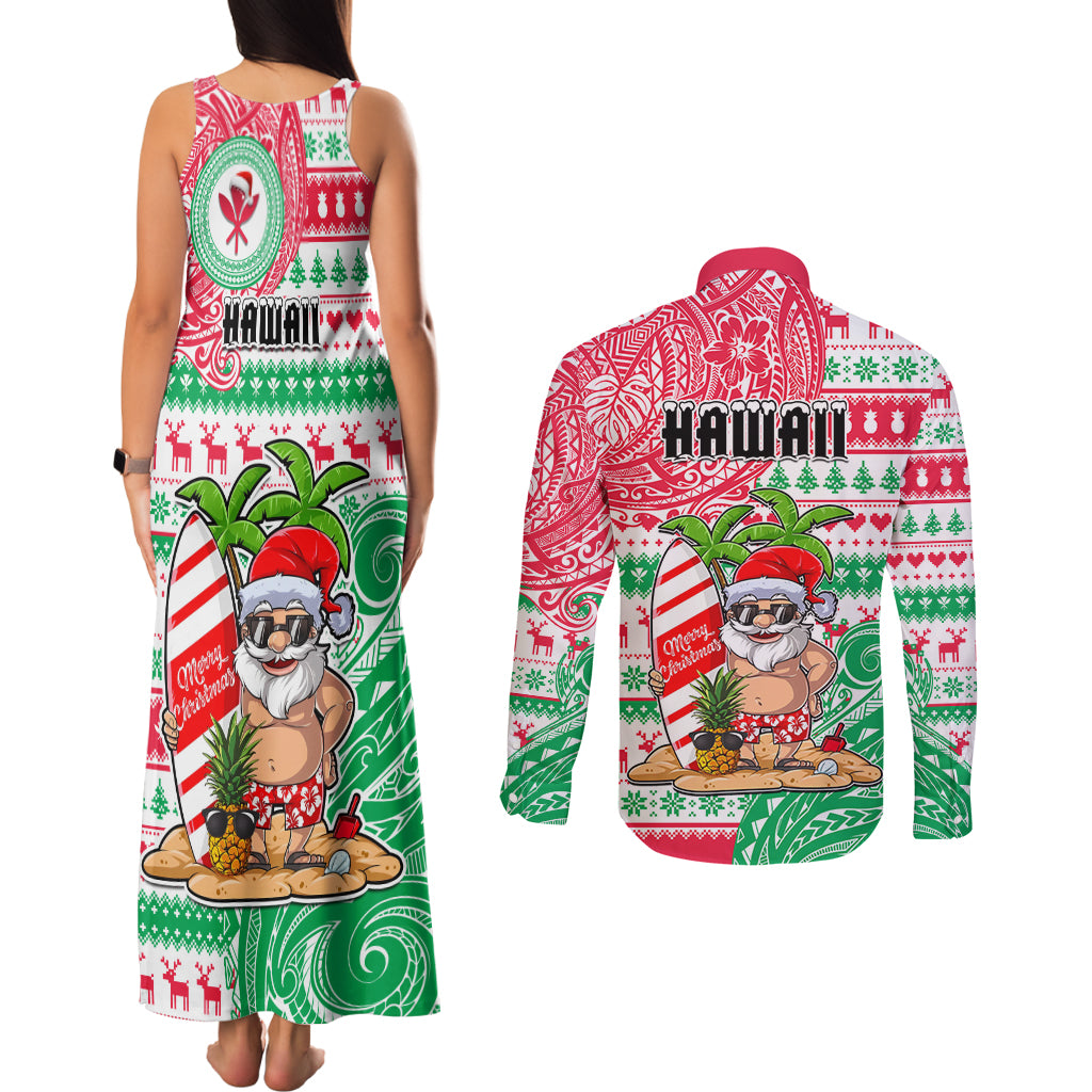 Hawaii Christmas Couples Matching Tank Maxi Dress and Long Sleeve Button Shirts Santa Claus Surf Mele Kalikimaka LT05 - Polynesian Pride