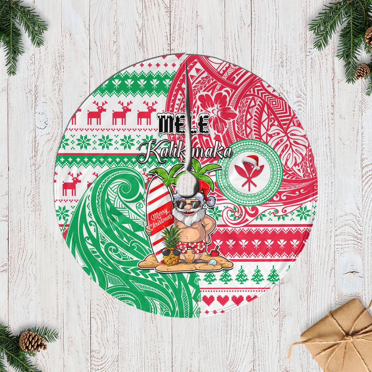 Hawaii Christmas Tree Skirt Santa Claus Surf Mele Kalikimaka LT05 Casual Tree Skirts Red - Polynesian Pride