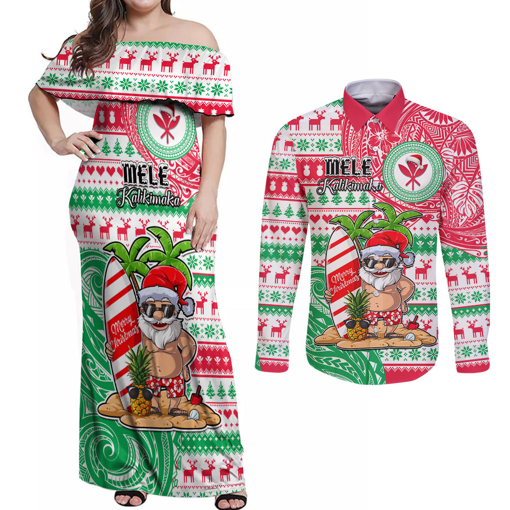 Personalized Hawaii Christmas Couples Matching Off Shoulder Maxi Dress and Long Sleeve Button Shirts Santa Claus Surf Mele Kalikimaka LT05 Red - Polynesian Pride
