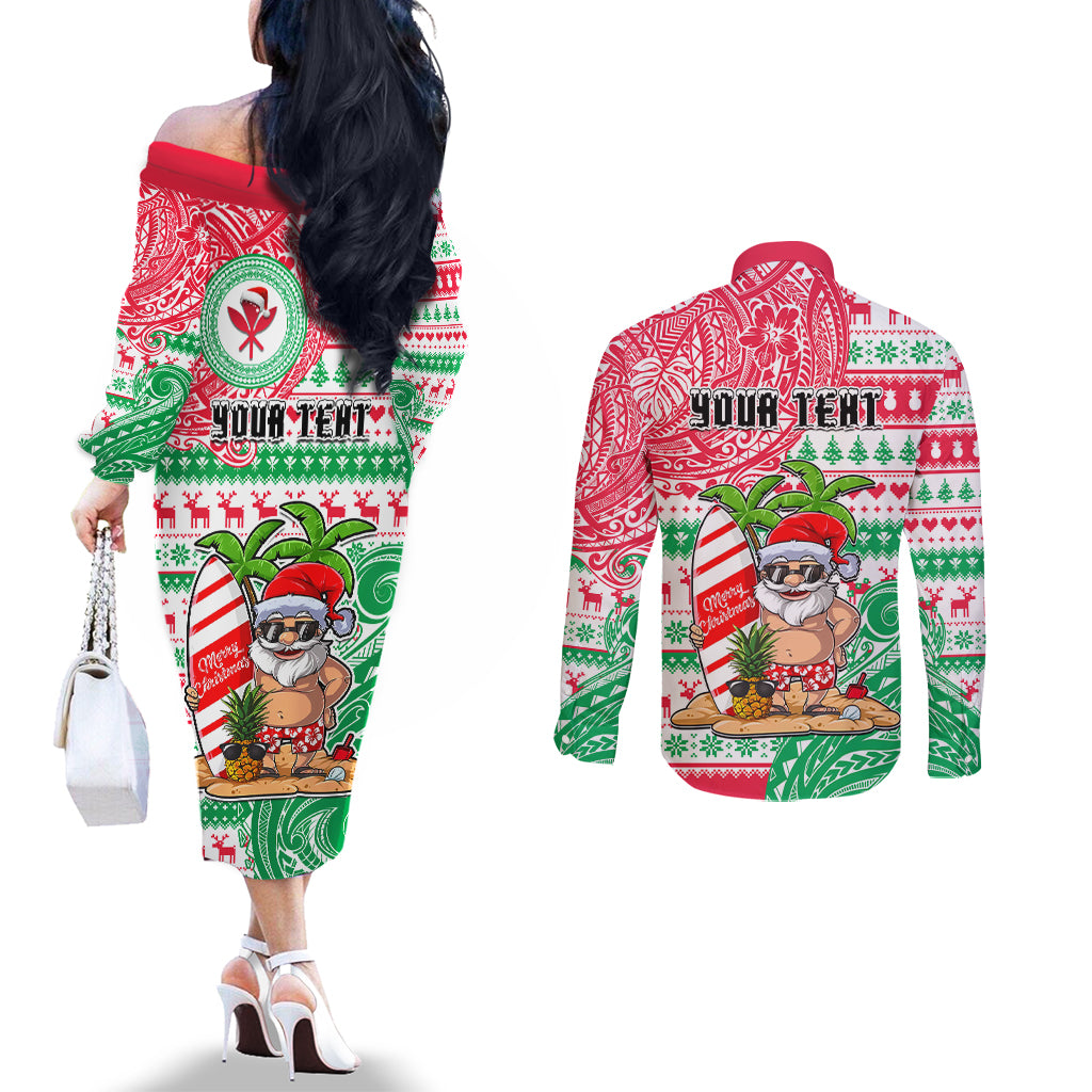 Personalized Hawaii Christmas Couples Matching Off The Shoulder Long Sleeve Dress and Long Sleeve Button Shirts Santa Claus Surf Mele Kalikimaka LT05 - Polynesian Pride