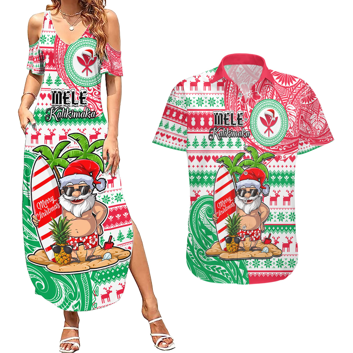 Personalized Hawaii Christmas Couples Matching Summer Maxi Dress and Hawaiian Shirt Santa Claus Surf Mele Kalikimaka LT05 Red - Polynesian Pride