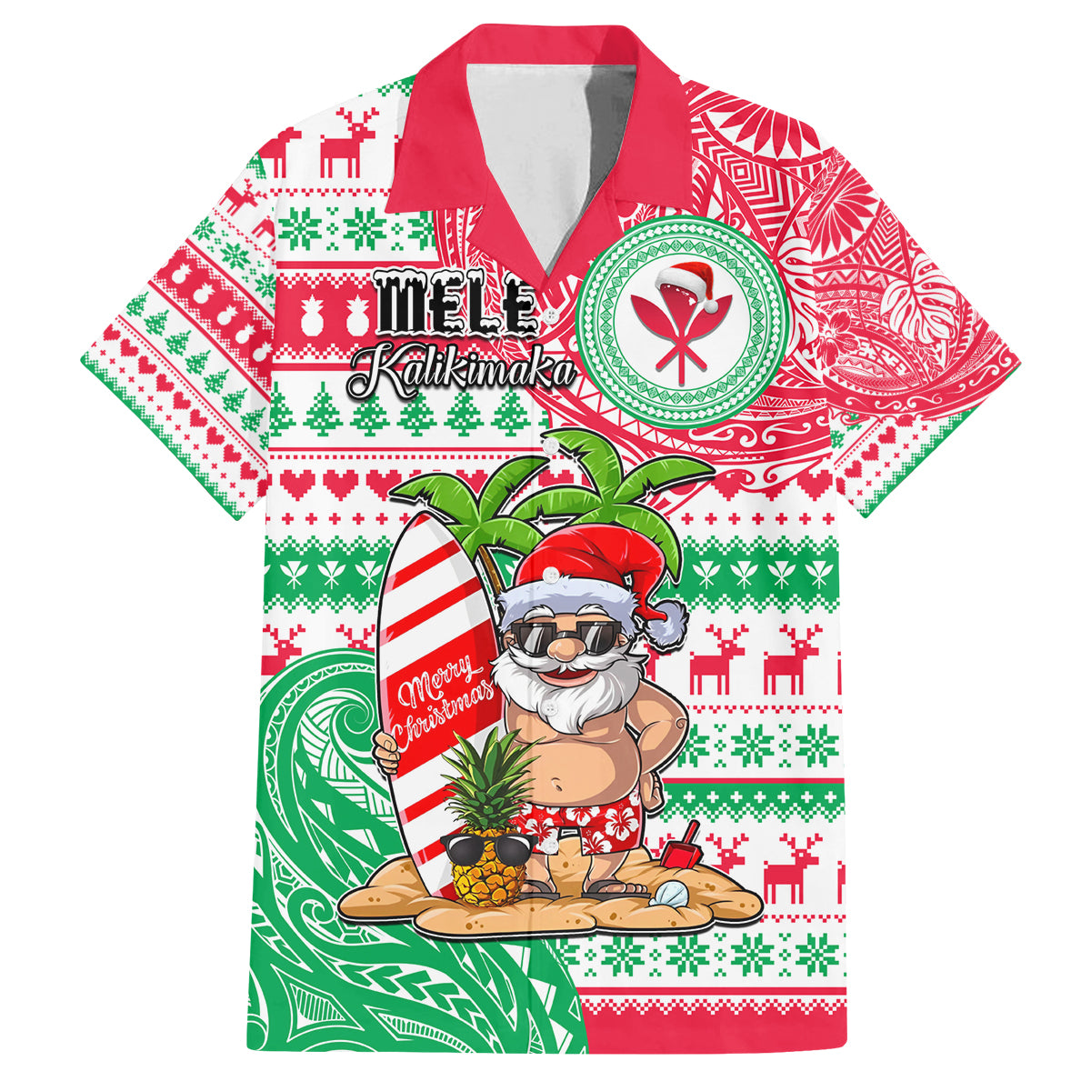 Personalized Hawaii Christmas Family Matching Off Shoulder Maxi Dress and Hawaiian Shirt Santa Claus Surf Mele Kalikimaka LT05 Dad's Shirt - Short Sleeve Red - Polynesian Pride