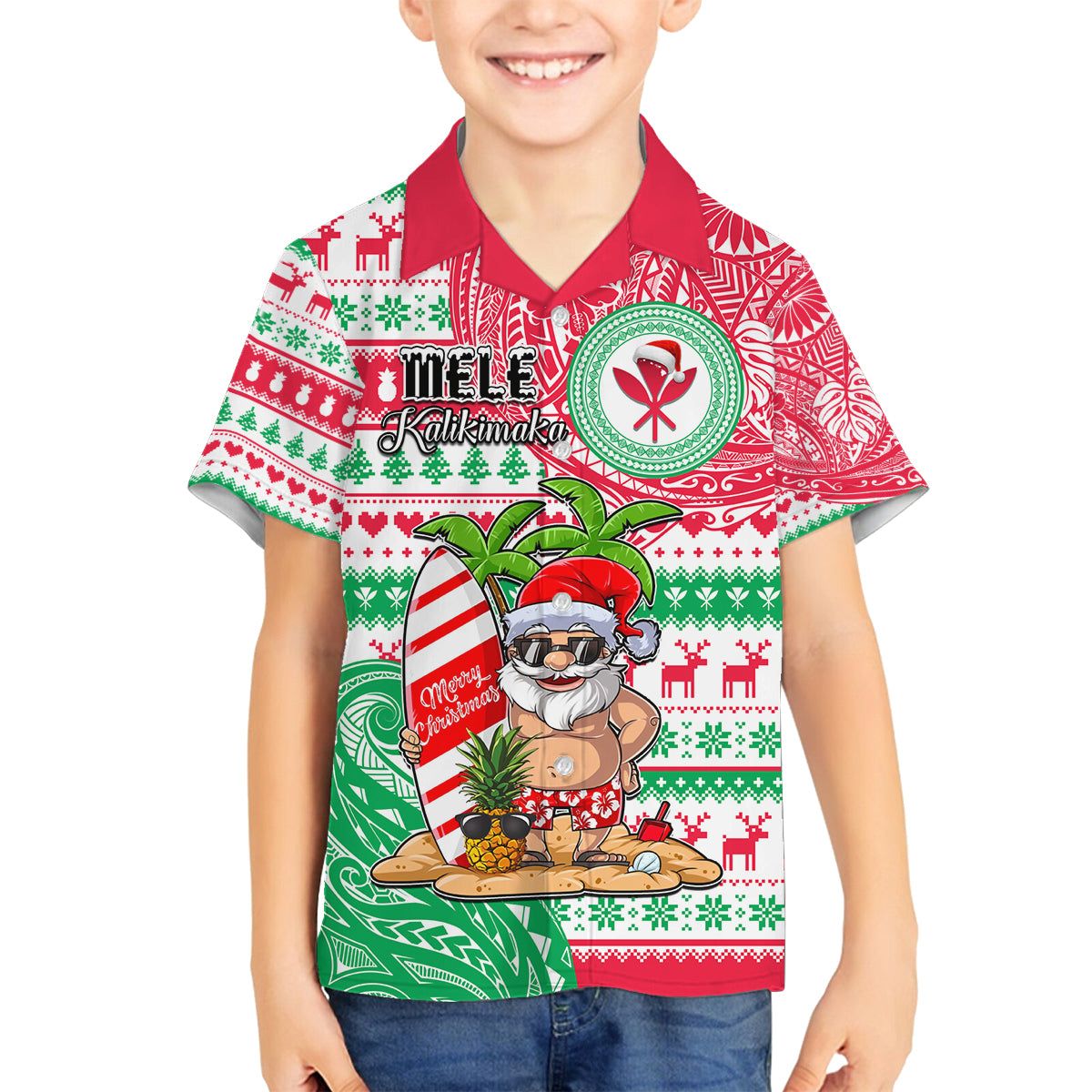 Personalized Hawaii Christmas Family Matching Off Shoulder Maxi Dress and Hawaiian Shirt Santa Claus Surf Mele Kalikimaka LT05 Son's Shirt Red - Polynesian Pride