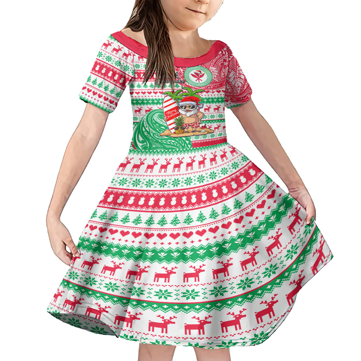 Personalized Hawaii Christmas Family Matching Off Shoulder Short Dress and Hawaiian Shirt Santa Claus Surf Mele Kalikimaka LT05 Daughter's Dress Red - Polynesian Pride