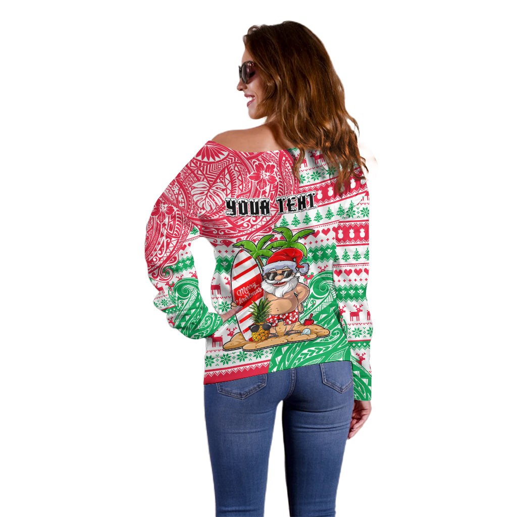 Personalized Hawaii Christmas Off Shoulder Sweater Santa Claus Surf Mele Kalikimaka LT05 - Polynesian Pride