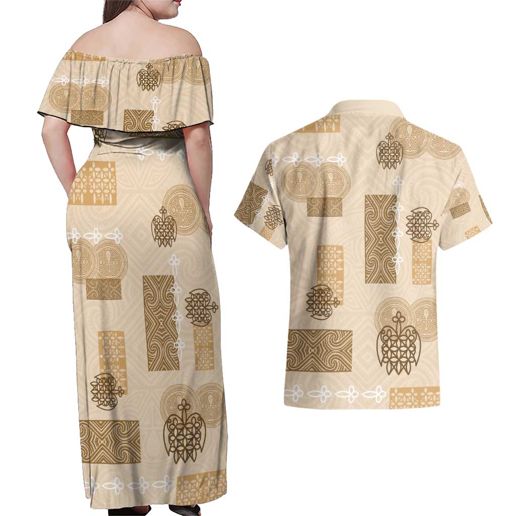 Vintage Lapita Couples Matching Off Shoulder Maxi Dress and Hawaiian Shirt Iconic Double Face Pattern Beige LT05 - Polynesian Pride