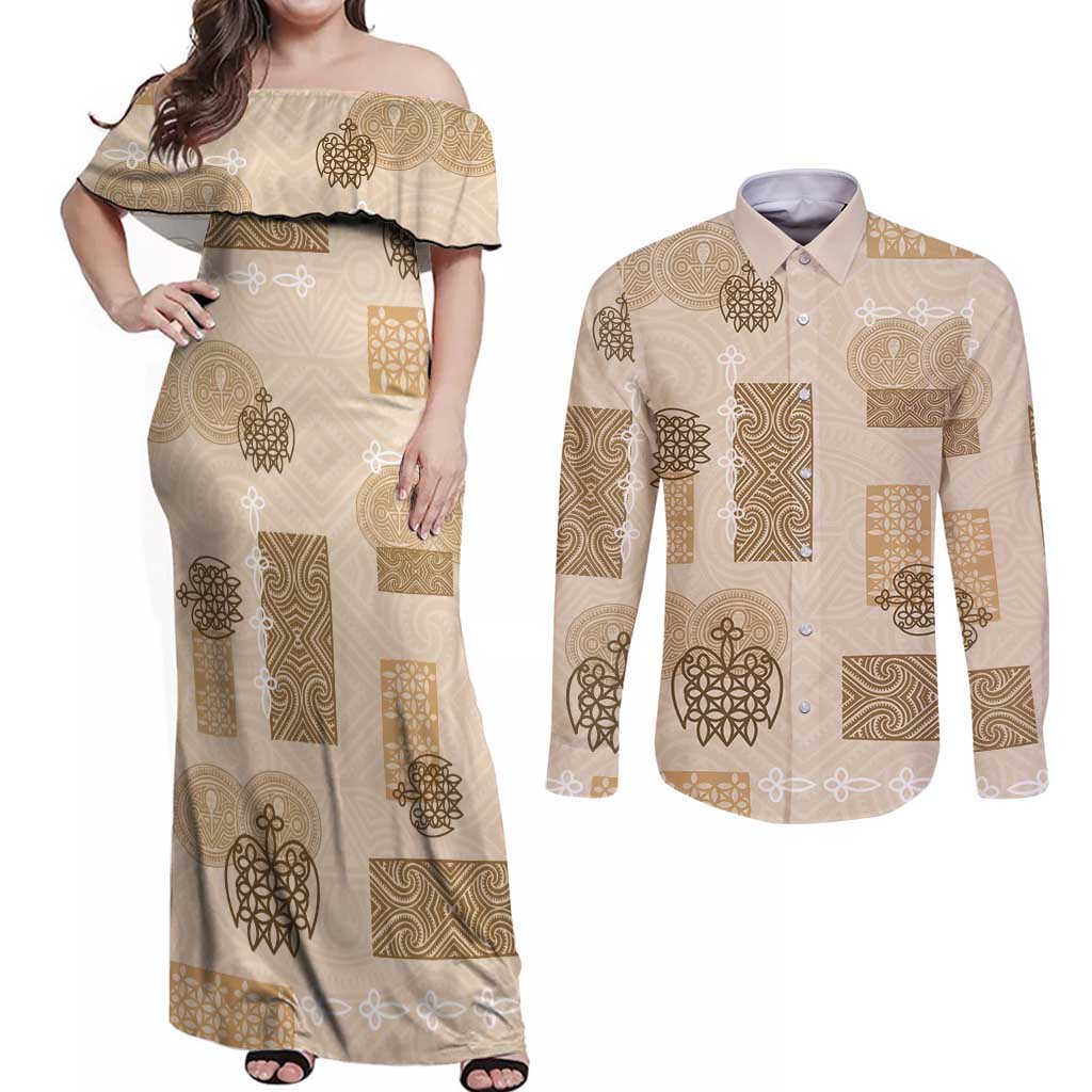 Vintage Lapita Couples Matching Off Shoulder Maxi Dress and Long Sleeve Button Shirt Iconic Double Face Pattern Beige