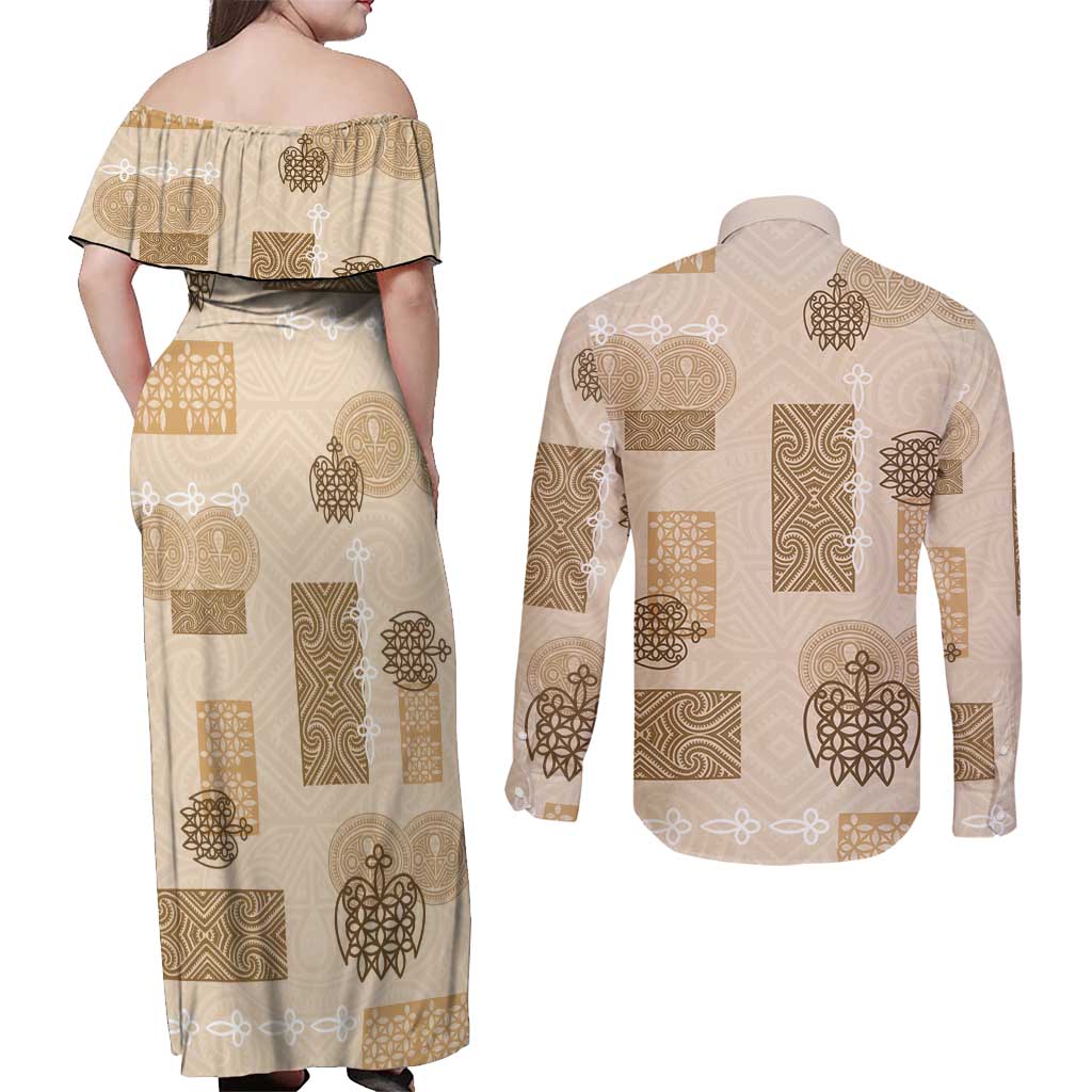 Vintage Lapita Couples Matching Off Shoulder Maxi Dress and Long Sleeve Button Shirt Iconic Double Face Pattern Beige