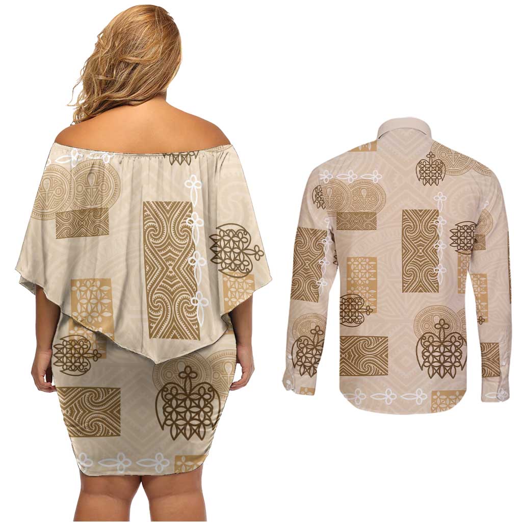 Vintage Lapita Couples Matching Off Shoulder Short Dress and Long Sleeve Button Shirt Iconic Double Face Pattern Beige
