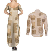 Vintage Lapita Couples Matching Summer Maxi Dress and Long Sleeve Button Shirt Iconic Double Face Pattern Beige