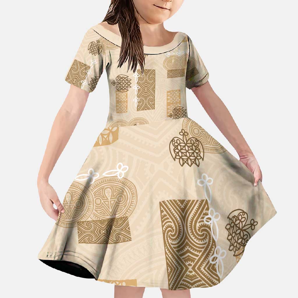 Vintage Lapita Family Matching Long Sleeve Bodycon Dress and Hawaiian Shirt Iconic Double Face Pattern Beige LT05 Daughter's Dress Beige - Polynesian Pride