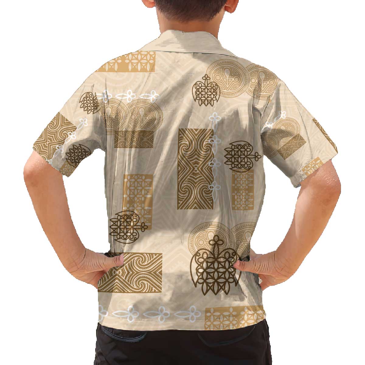 Vintage Lapita Family Matching Off The Shoulder Long Sleeve Dress and Hawaiian Shirt Iconic Double Face Pattern Beige LT05 - Polynesian Pride