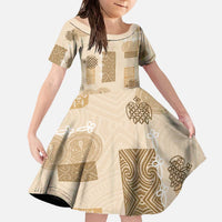 Vintage Lapita Family Matching Off The Shoulder Long Sleeve Dress and Hawaiian Shirt Iconic Double Face Pattern Beige LT05 Daughter's Dress Beige - Polynesian Pride