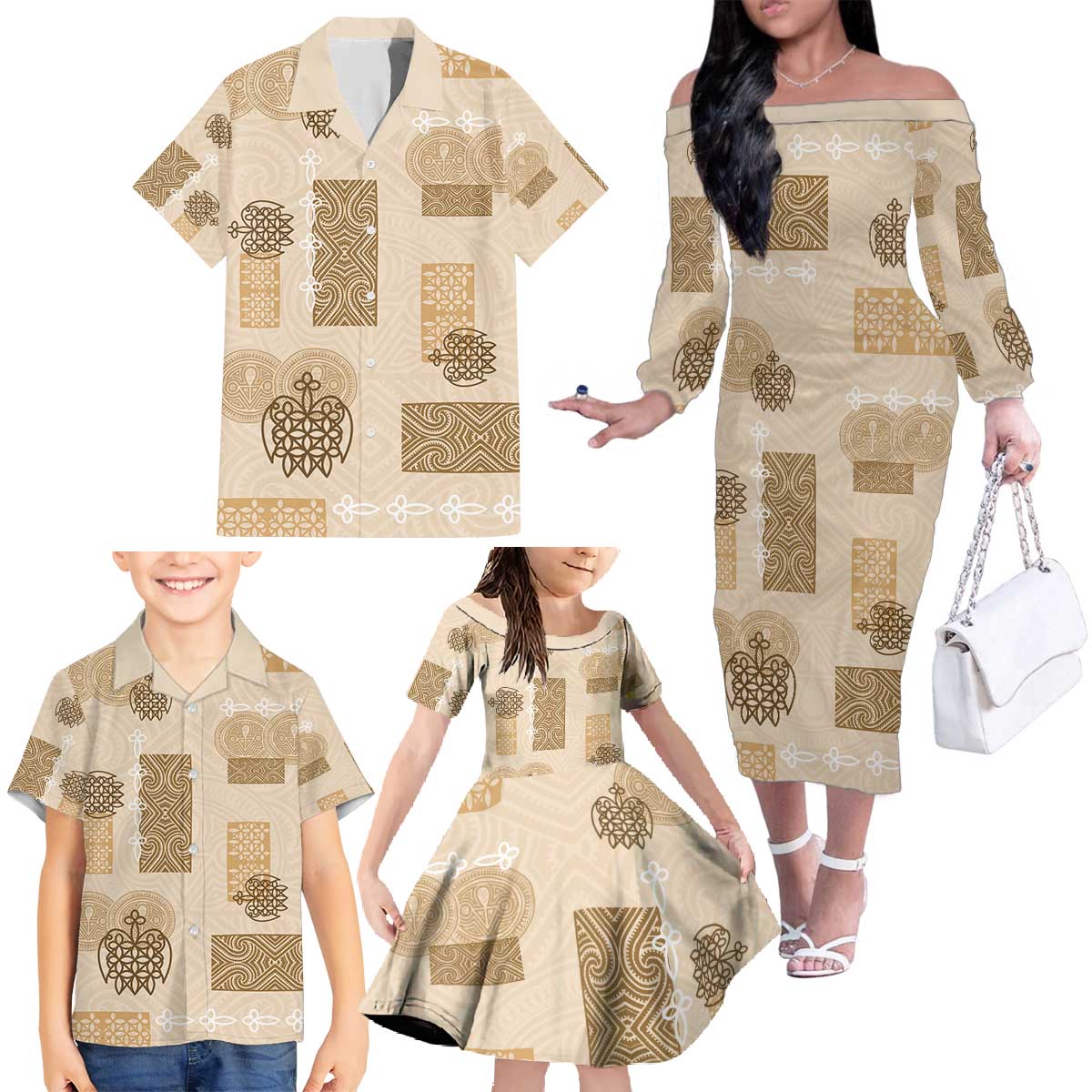 Vintage Lapita Family Matching Off The Shoulder Long Sleeve Dress and Hawaiian Shirt Iconic Double Face Pattern Beige LT05 - Polynesian Pride