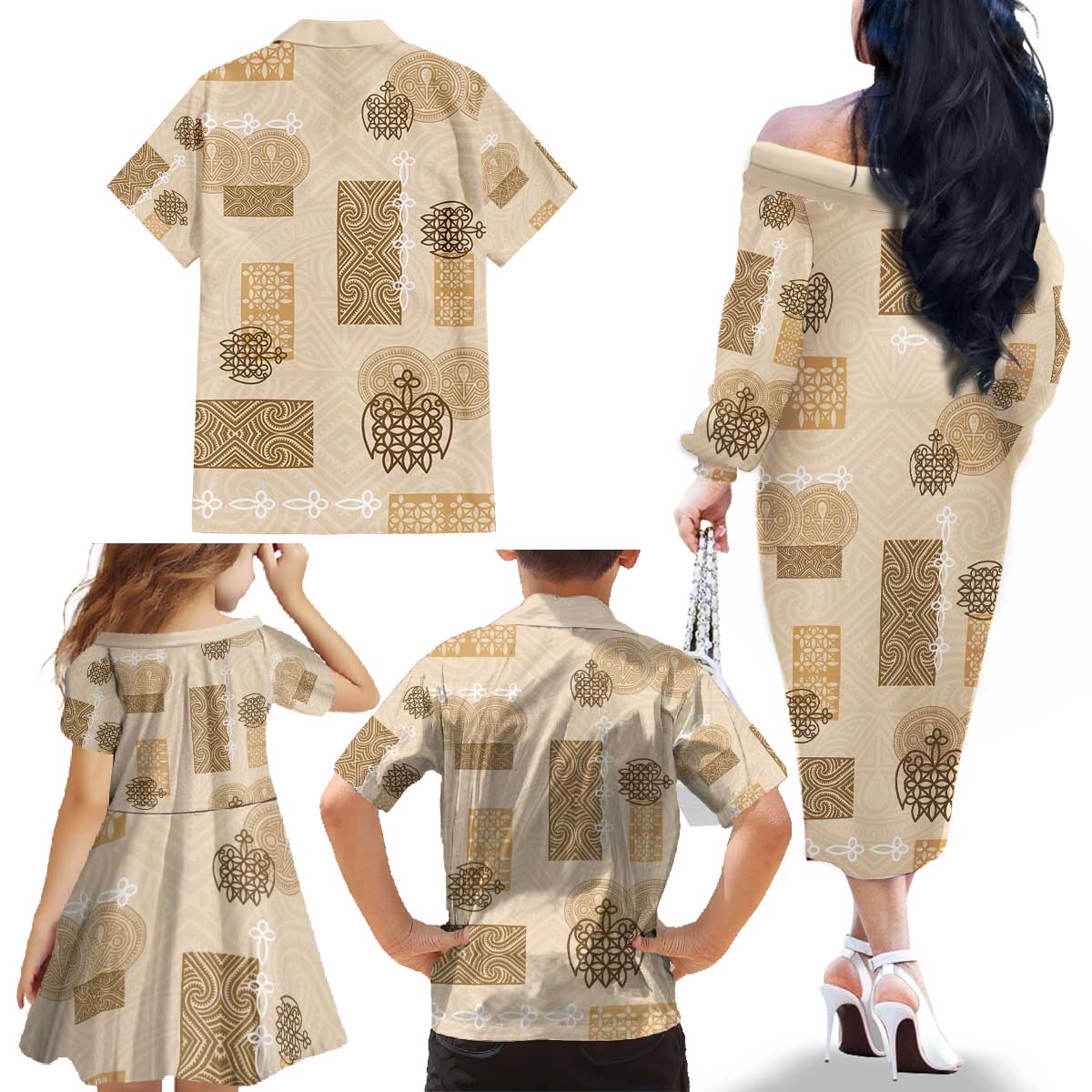 Vintage Lapita Family Matching Off The Shoulder Long Sleeve Dress and Hawaiian Shirt Iconic Double Face Pattern Beige LT05 - Polynesian Pride