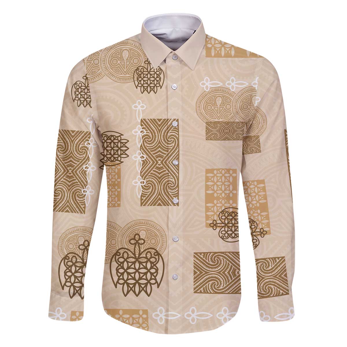 Vintage Lapita Family Matching Off The Shoulder Long Sleeve Dress and Hawaiian Shirt Iconic Double Face Pattern Beige LT05 Dad's Shirt - Long Sleeve Beige - Polynesian Pride