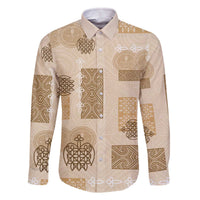 Vintage Lapita Family Matching Off The Shoulder Long Sleeve Dress and Hawaiian Shirt Iconic Double Face Pattern Beige LT05 Dad's Shirt - Long Sleeve Beige - Polynesian Pride