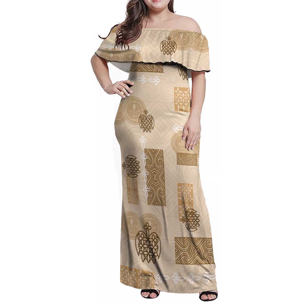 Vintage Lapita Family Matching Off Shoulder Maxi Dress and Hawaiian Shirt Iconic Double Face Pattern Beige LT05 Mom's Dress Beige - Polynesian Pride