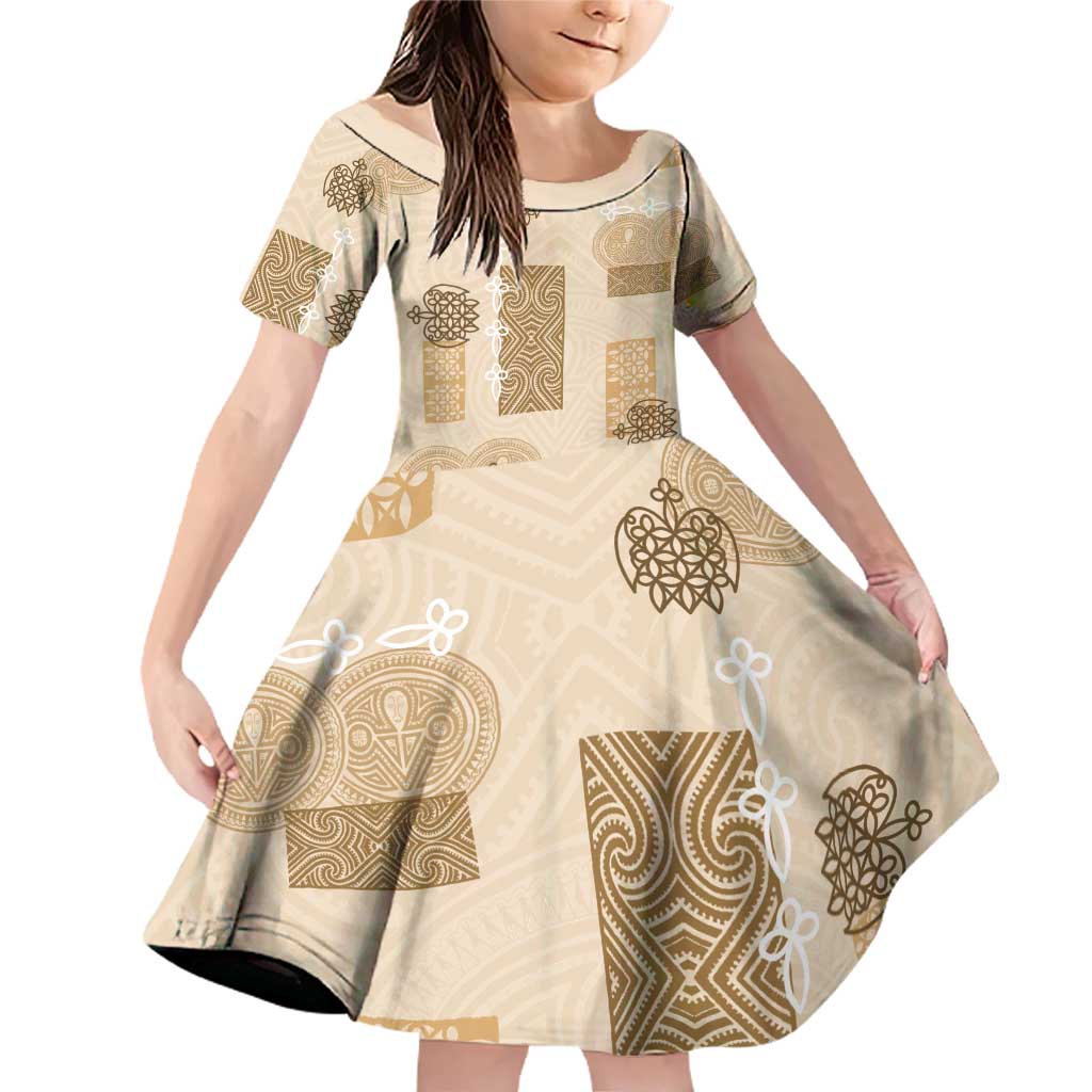 Vintage Lapita Family Matching Off Shoulder Short Dress and Hawaiian Shirt Iconic Double Face Pattern Beige LT05 Daughter's Dress Beige - Polynesian Pride