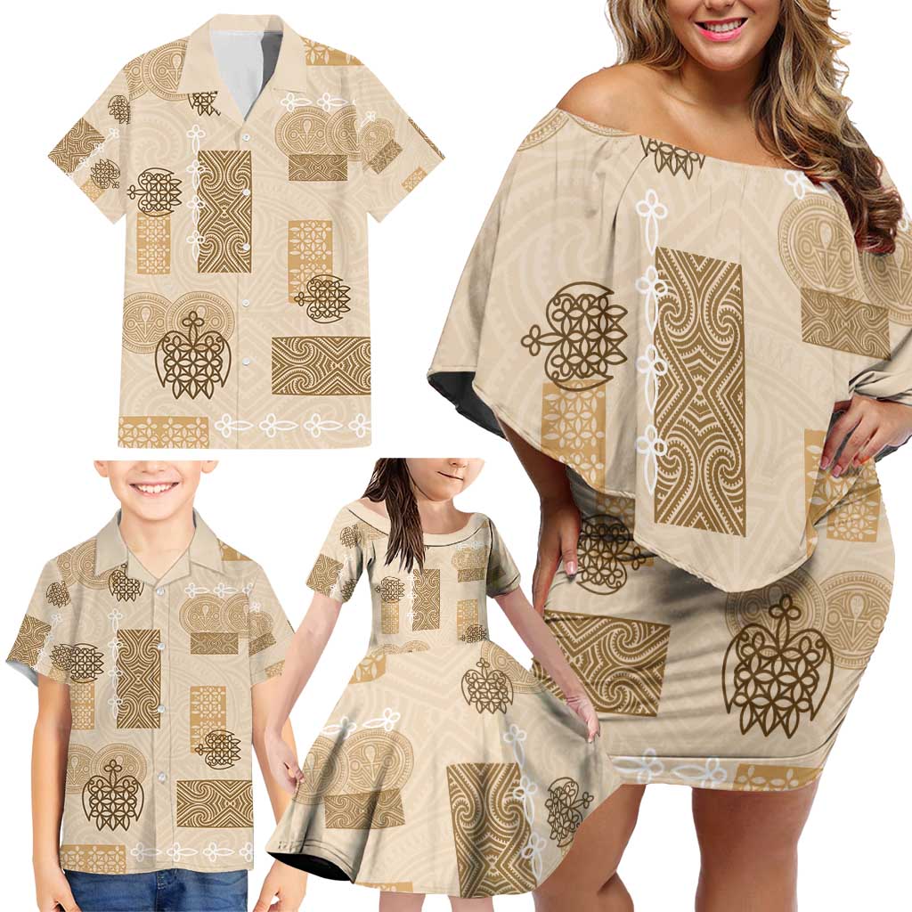 Vintage Lapita Family Matching Off Shoulder Short Dress and Hawaiian Shirt Iconic Double Face Pattern Beige LT05 - Polynesian Pride