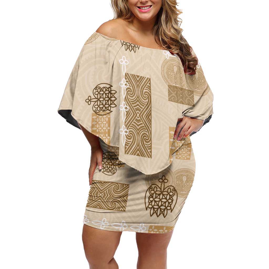 Vintage Lapita Family Matching Off Shoulder Short Dress and Hawaiian Shirt Iconic Double Face Pattern Beige LT05 Mom's Dress Beige - Polynesian Pride