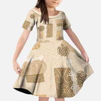 Vintage Lapita Kid Short Sleeve Dress Iconic Double Face Pattern Beige