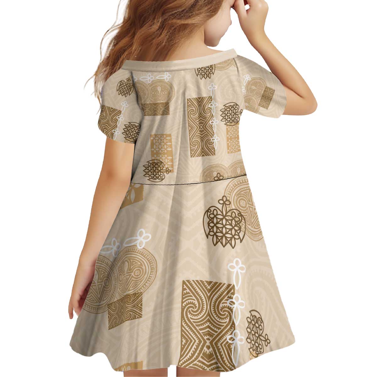 Vintage Lapita Kid Short Sleeve Dress Iconic Double Face Pattern Beige