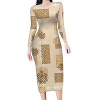 Vintage Lapita Long Sleeve Bodycon Dress Iconic Double Face Pattern Beige LT05 Long Dress Beige - Polynesian Pride