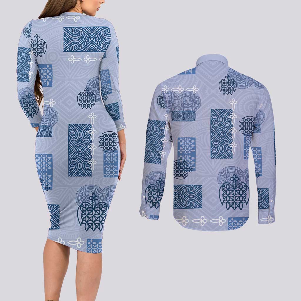 Vintage Lapita Couples Matching Long Sleeve Bodycon Dress and Long Sleeve Button Shirt Iconic Double Face Pattern Blue
