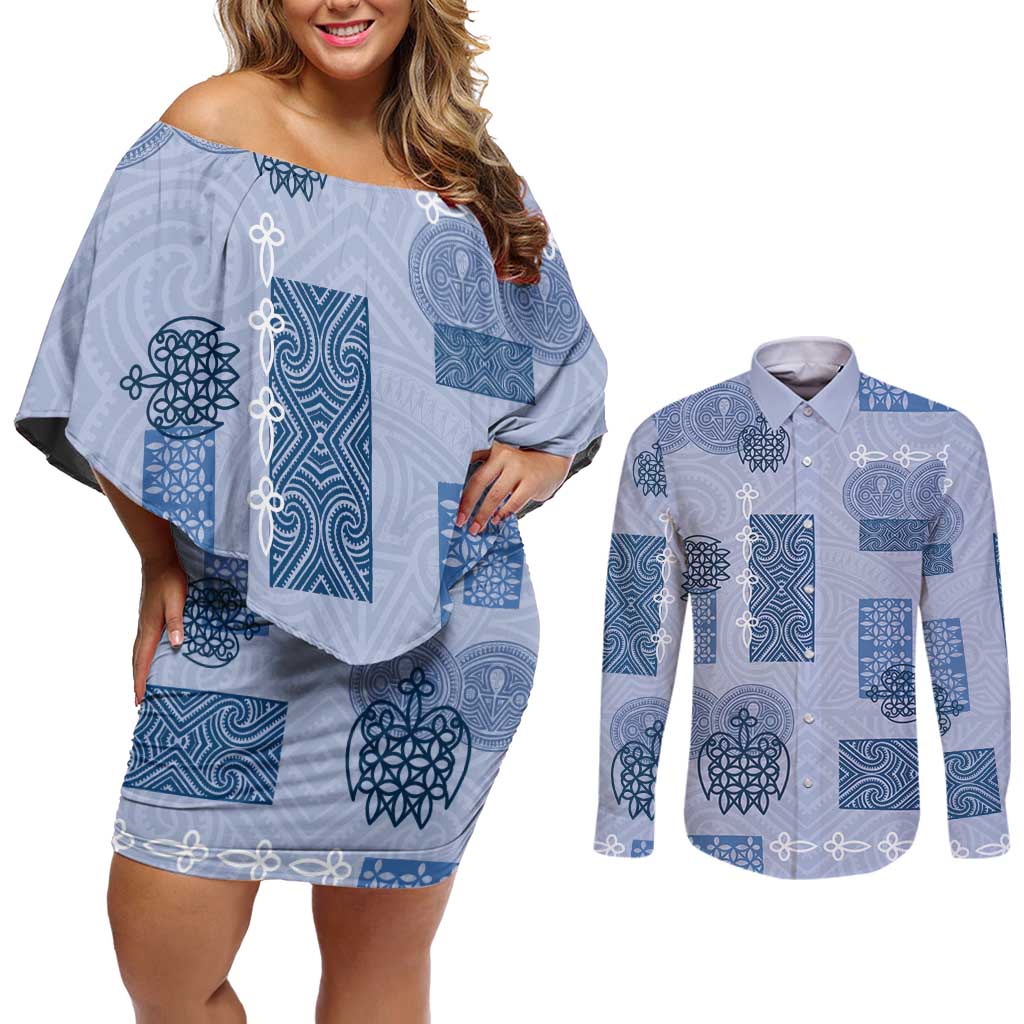 Vintage Lapita Couples Matching Off Shoulder Short Dress and Long Sleeve Button Shirt Iconic Double Face Pattern Blue