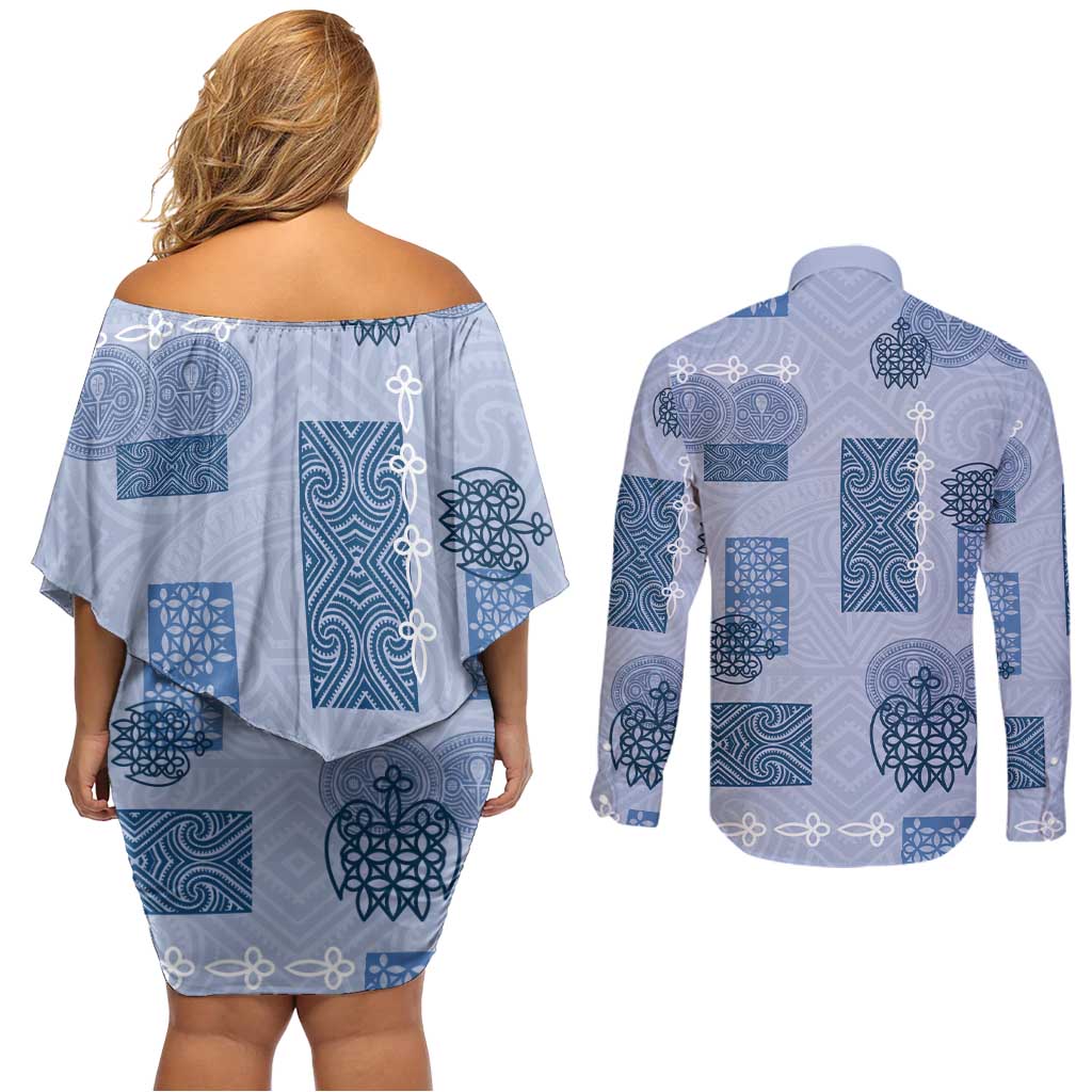 Vintage Lapita Couples Matching Off Shoulder Short Dress and Long Sleeve Button Shirt Iconic Double Face Pattern Blue