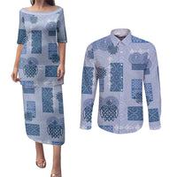 Vintage Lapita Couples Matching Puletasi and Long Sleeve Button Shirt Iconic Double Face Pattern Blue LT05 Blue - Polynesian Pride