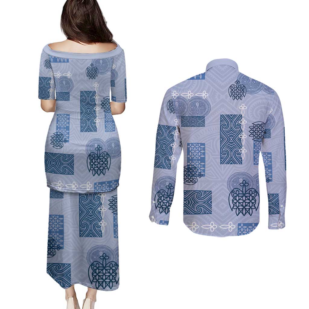 Vintage Lapita Couples Matching Puletasi and Long Sleeve Button Shirt Iconic Double Face Pattern Blue LT05 - Polynesian Pride
