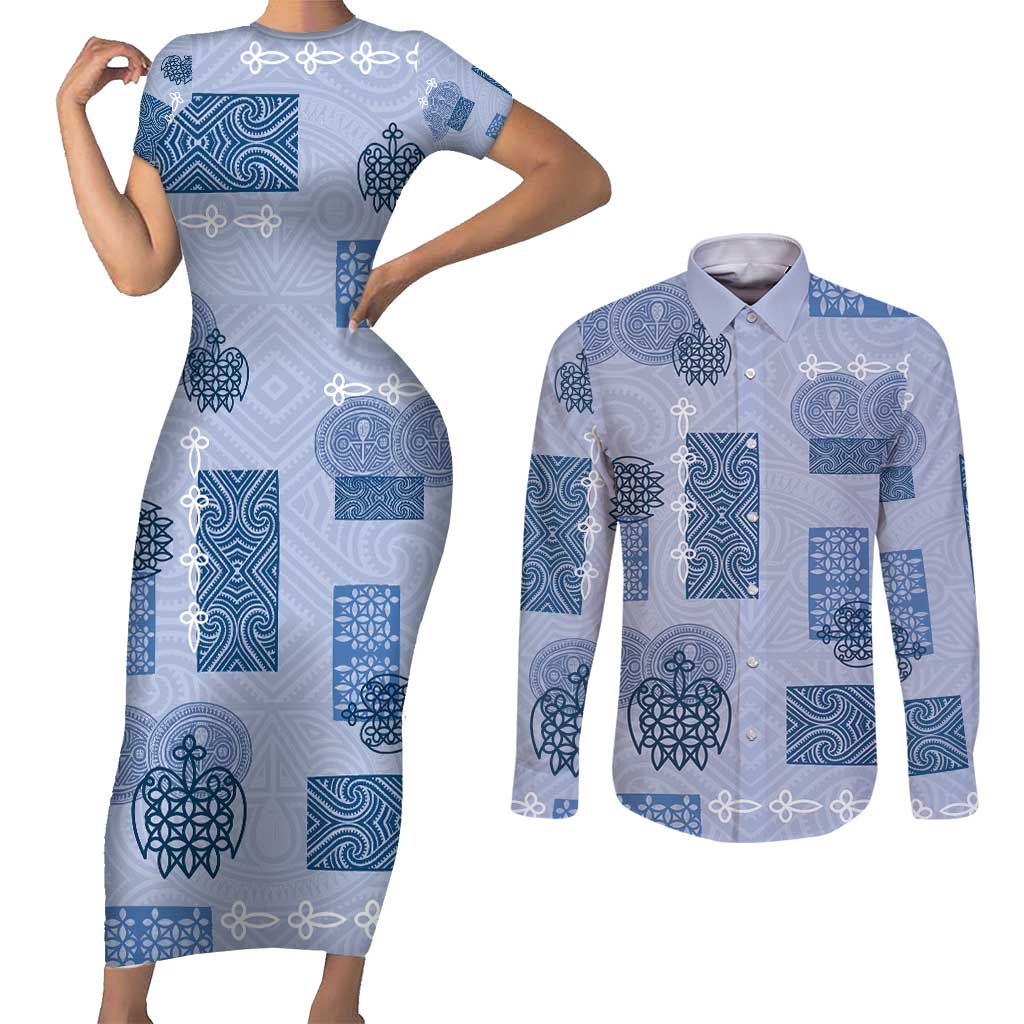 Vintage Lapita Couples Matching Short Sleeve Bodycon Dress and Long Sleeve Button Shirt Iconic Double Face Pattern Blue