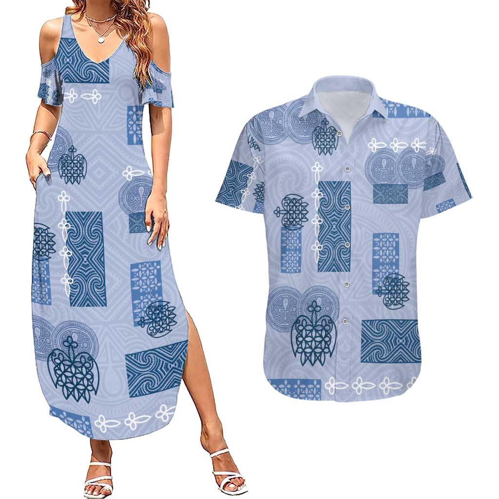 Vintage Lapita Couples Matching Summer Maxi Dress and Hawaiian Shirt Iconic Double Face Pattern Blue