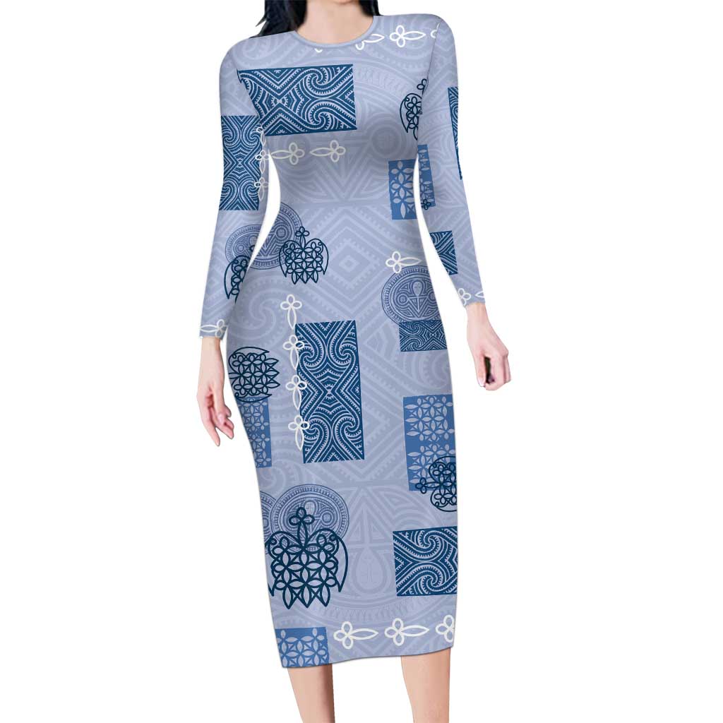 Vintage Lapita Family Matching Long Sleeve Bodycon Dress and Hawaiian Shirt Iconic Double Face Pattern Blue LT05 Mom's Dress Blue - Polynesian Pride