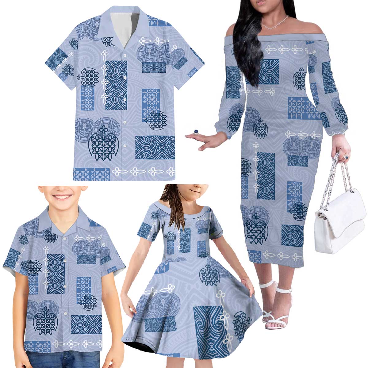 Vintage Lapita Family Matching Off The Shoulder Long Sleeve Dress and Hawaiian Shirt Iconic Double Face Pattern Blue LT05 - Polynesian Pride