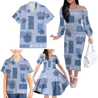 Vintage Lapita Family Matching Off The Shoulder Long Sleeve Dress and Hawaiian Shirt Iconic Double Face Pattern Blue LT05 - Polynesian Pride