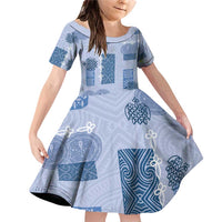 Vintage Lapita Family Matching Off Shoulder Short Dress and Hawaiian Shirt Iconic Double Face Pattern Blue LT05 Daughter's Dress Blue - Polynesian Pride