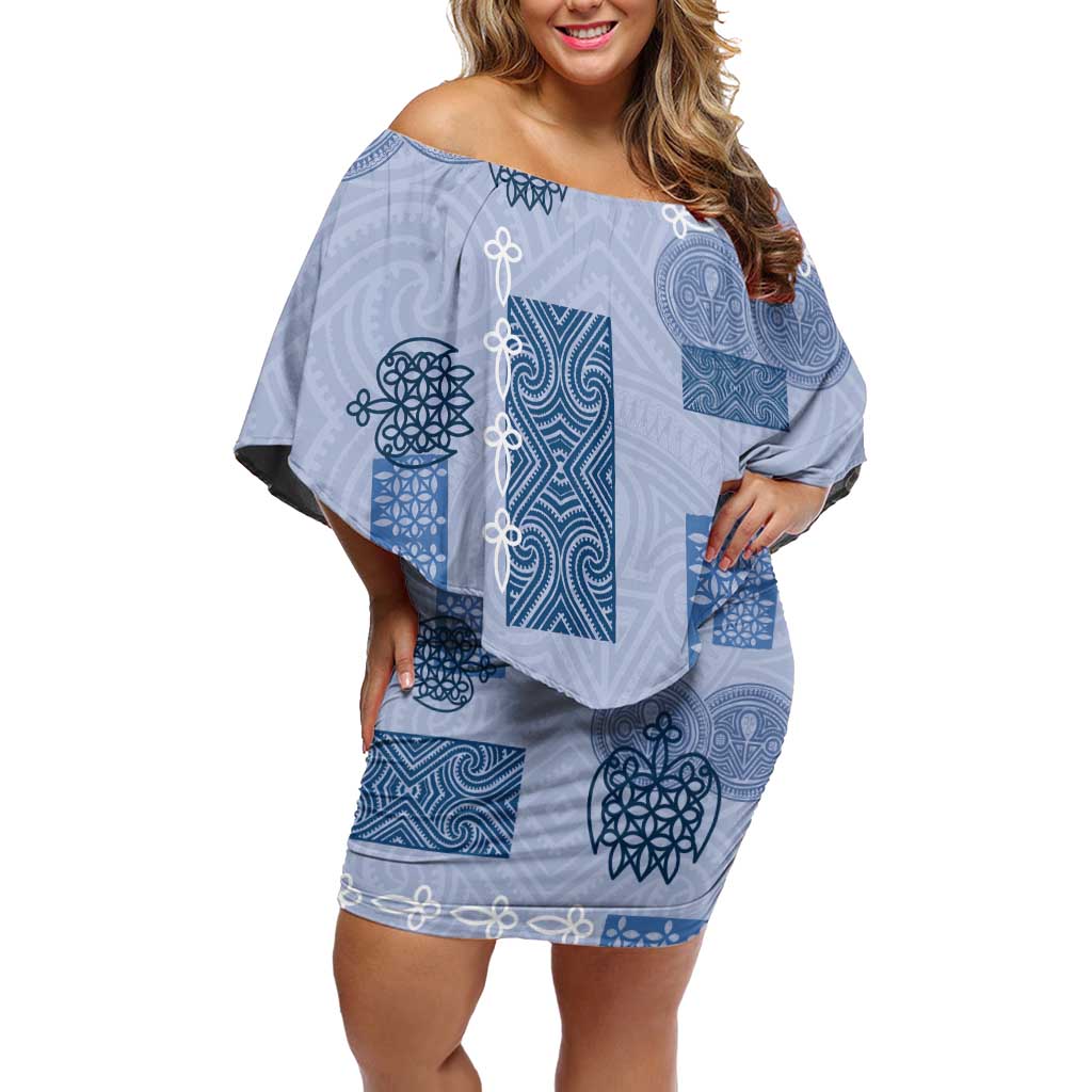 Vintage Lapita Family Matching Off Shoulder Short Dress and Hawaiian Shirt Iconic Double Face Pattern Blue LT05 Mom's Dress Blue - Polynesian Pride