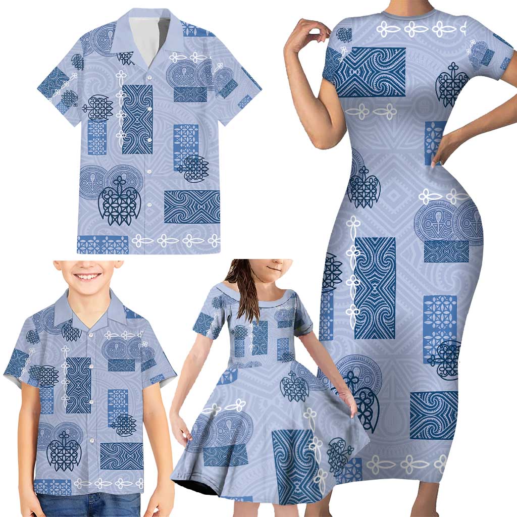 Vintage Lapita Family Matching Short Sleeve Bodycon Dress and Hawaiian Shirt Iconic Double Face Pattern Blue LT05 - Polynesian Pride