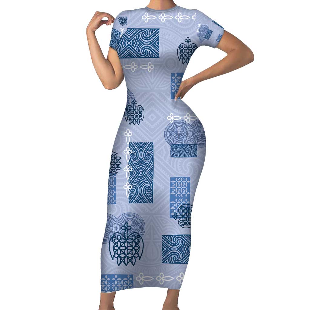 Vintage Lapita Family Matching Short Sleeve Bodycon Dress and Hawaiian Shirt Iconic Double Face Pattern Blue LT05 Mom's Dress Blue - Polynesian Pride