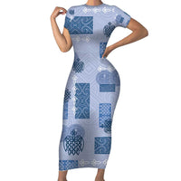 Vintage Lapita Family Matching Short Sleeve Bodycon Dress and Hawaiian Shirt Iconic Double Face Pattern Blue LT05 Mom's Dress Blue - Polynesian Pride