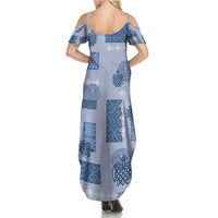 Vintage Lapita Family Matching Summer Maxi Dress and Hawaiian Shirt Iconic Double Face Pattern Blue