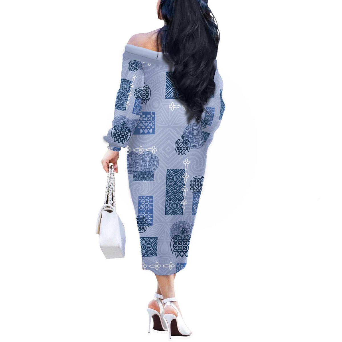 Vintage Lapita Off The Shoulder Long Sleeve Dress Iconic Double Face Pattern Blue