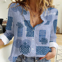 Vintage Lapita Women Casual Shirt Iconic Double Face Pattern Blue LT05 Female Blue - Polynesian Pride